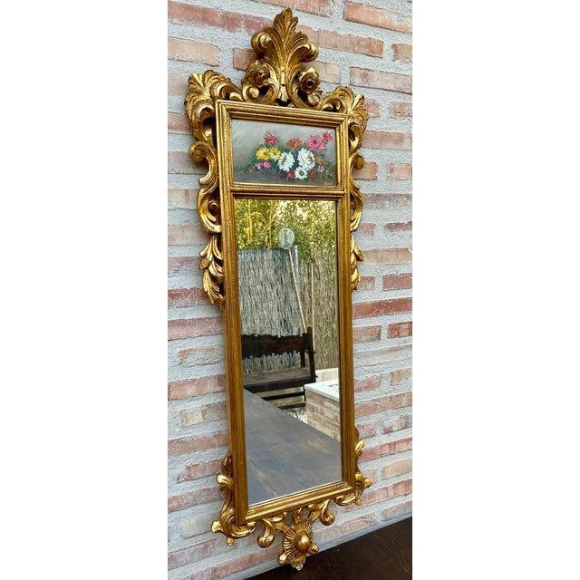 French Gilt Carved Wall Mirror in French Rococo Style with Oil Painting of Flora For Sale - Image 10 of 18