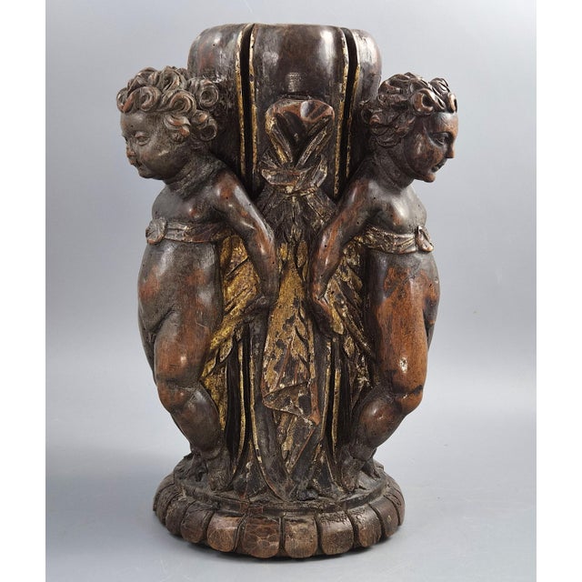 18th Century Baroque Italian Carved Walnut Torchiere Base with Three Putti For Sale - Image 4 of 16