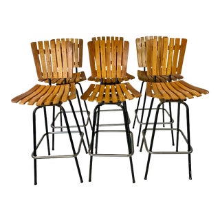 Mid-Century Arthur Umanoff Style Slatted Bar Stools - Set of 6 For Sale
