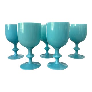 Vintage Portieux Vallerysthal Turquoise Opaline Glass Goblets, France C. 1930s-40s - Set of 5 For Sale
