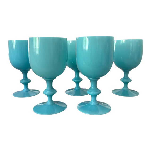 Vintage Portieux Vallerysthal Turquoise Opaline Glass Goblets, France C. 1930s-40s - Set of 5 For Sale