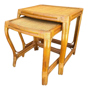 Vintage French Country Bamboo Wicker Rattan Nesting Tables - Set of 2