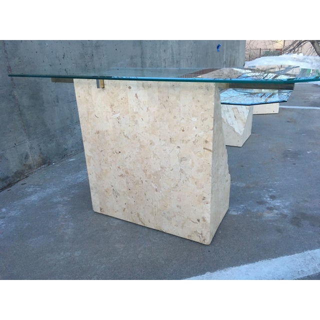 1970s Postmodern Brass & Glass Pedestal Console Sofa Table in Tessellate Stone For Sale - Image 5 of 12
