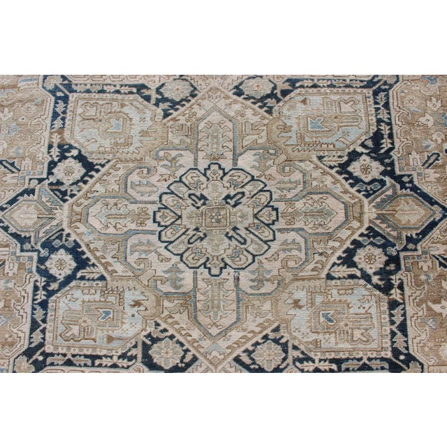 Antique Persian Heriz Rug With Geometric Medallion Design in Taupe, Blue-Gray For Sale - Image 9 of 13