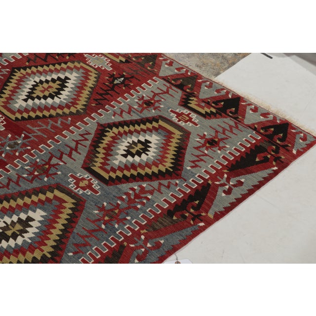 1950s 1950s Vintage Kilim in Blue, Red and White Tribal Geometric Pattern For Sale - Image 5 of 7