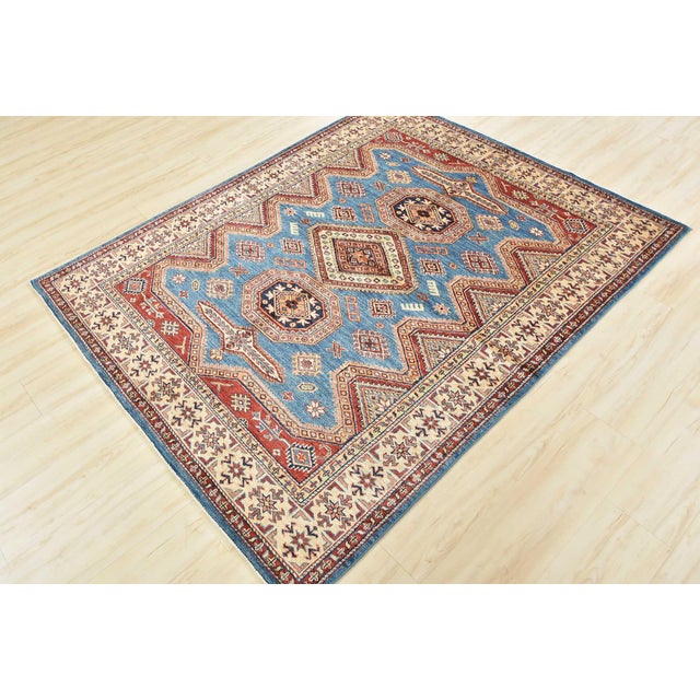 Tribal Fine Kazak Rug 5’2” X 6’2” Blue Wool Tribal Hand-Knotted Oriental Carpet For Sale - Image 3 of 12