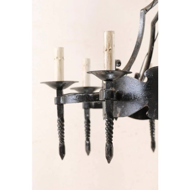 Black French Mid-20th Century Iron Ring Chandelier With Eight Torch-Shaped Lights For Sale - Image 8 of 10
