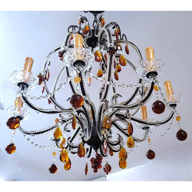 Vintage Italian Designer Beaded & Amber Glass Hot Air Balloon 8 Light Chandelier For Sale - Image 12 of 17