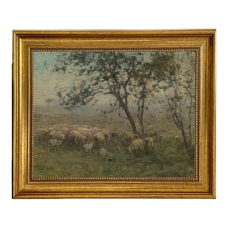 Flock of Sheep Landscape Print on Canvas in Antiqued Gold Frame- an 11" X 14" Print, Framed to 14-1/2" X 17-1/2" For Sale