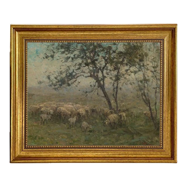 Flock of Sheep Landscape Print on Canvas in Antiqued Gold Frame- an 11" X 14" Print, Framed to 14-1/2" X 17-1/2" For Sale