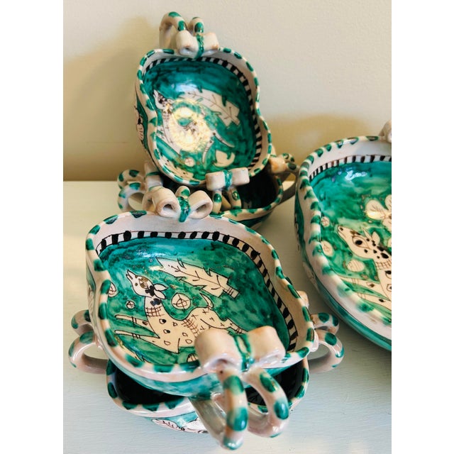 Vintage Italian Vietri Earthenware Pottery Handpainted Leaping Deer Emerald Green Salad Service for 8 For Sale - Image 9 of 12