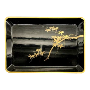 Japanese Vintage Fine Black Lacquer Serving Tray With Gilt Scenery
