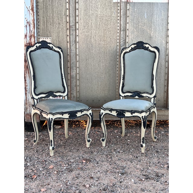 Wood Pair of Early 20th Century Handpainted French Napoleon III Style Painted Side Chairs With New Velvet Upholstery For Sale - Image 7 of 11