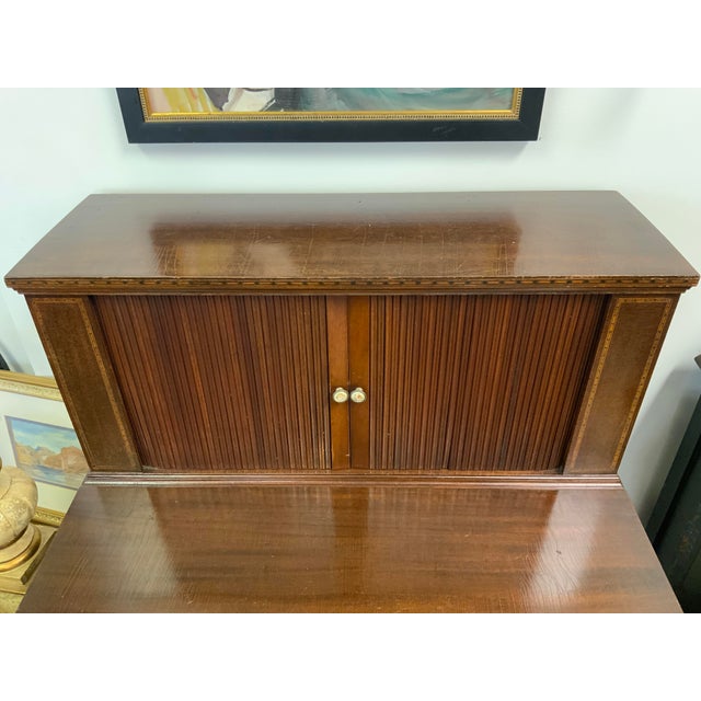 20th Century reproduction Hepplewhite secretary desk. Petite scale, detail pulls, accordion door for closed storage of...