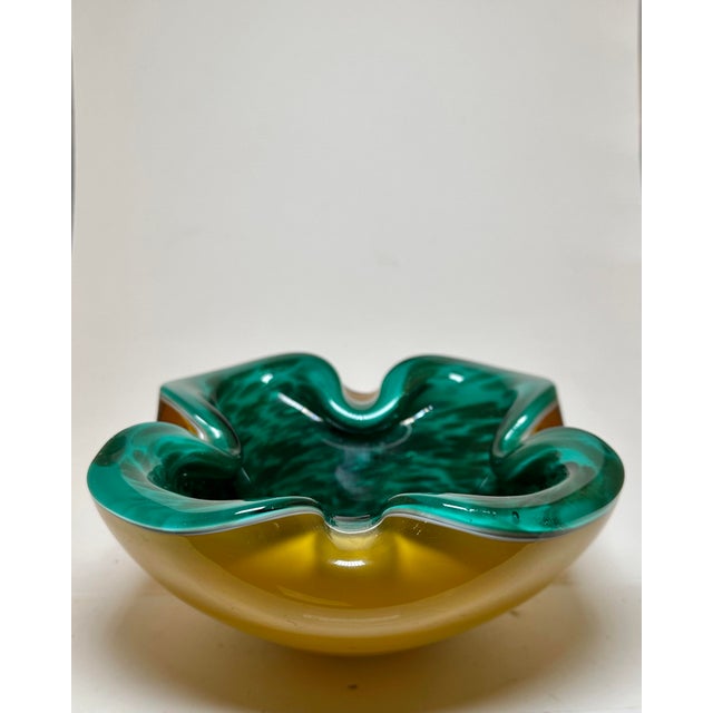 Mid 20th Century Mid 20th Century Emerald Green & Yellow Murano Attributed Glass Dish/Ashtray For Sale - Image 5 of 6