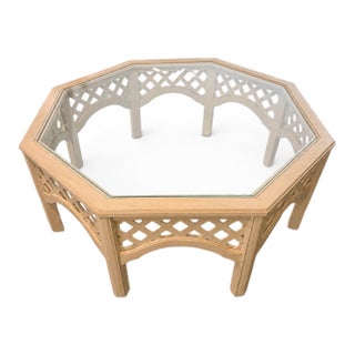 Vintage Broyhill Natural Wood Octagonal Lattice Glass Top Regency Coffee Table For Sale