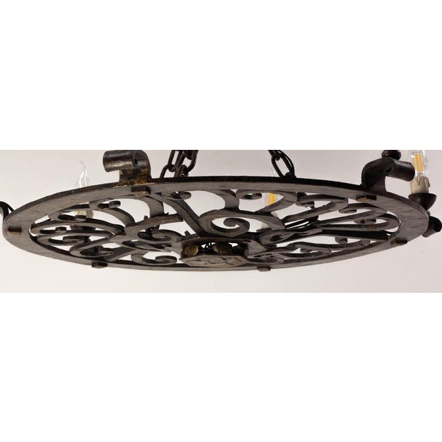 Metal Large Circular Wrought Iron Chandelier, France, 1940 For Sale - Image 7 of 9