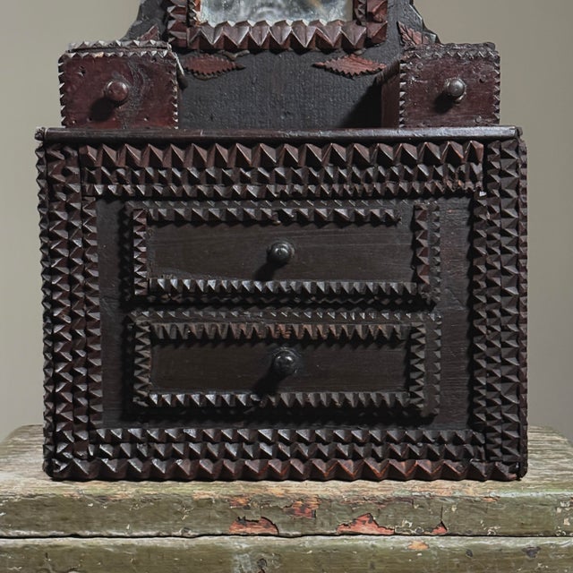 Wood Antique Chip-Carved Tramp Art Dresser With Mirror/Folk Art For Sale - Image 7 of 12