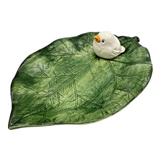 Vintage Bassano Italy Majolica Leaf Platter White Bird For Sale