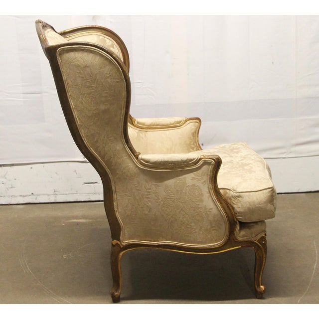 Cream Antique Carved Wood Stuffed Wing Back Chair For Sale - Image 8 of 9