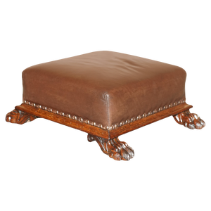 Regency Lions Hairy Paw Footstool in Brown Leather and Hardwood, 1815