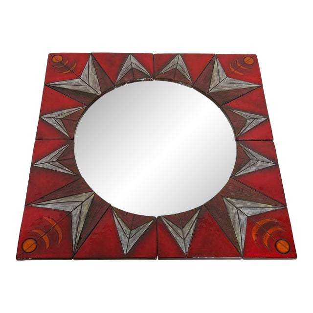 Ceramic mirror depicting a stylized sun attributed to Oswald Tiberghien For Sale