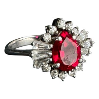 Vintage Faux Ruby Cocktail Ring Pear Baguette Sterling Silver Cubic Zirconia Halo Cluster Size 8 For Sale
