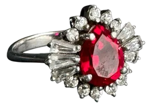 Vintage Faux Ruby Cocktail Ring Pear Baguette Sterling Silver Cubic Zirconia Halo Cluster Size 8