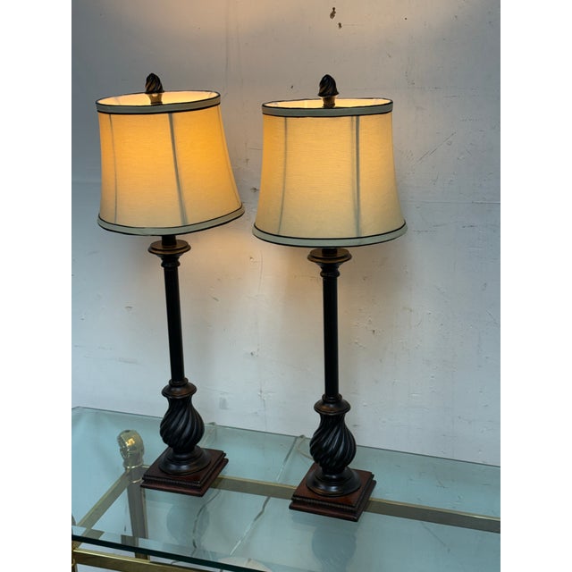 Metal Neoclassical Laurel Column Table Lamps, Pair For Sale - Image 7 of 12