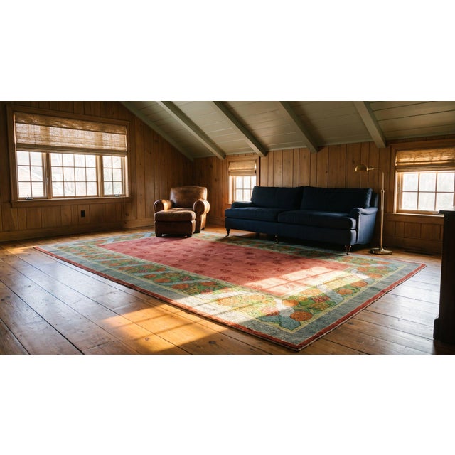 1900s Pink Rose Floral Arts & Crafts Antique Irish Donegal Rug 9' X 17'7" Handknotted Wool Carpet For Sale - Image 13 of 14