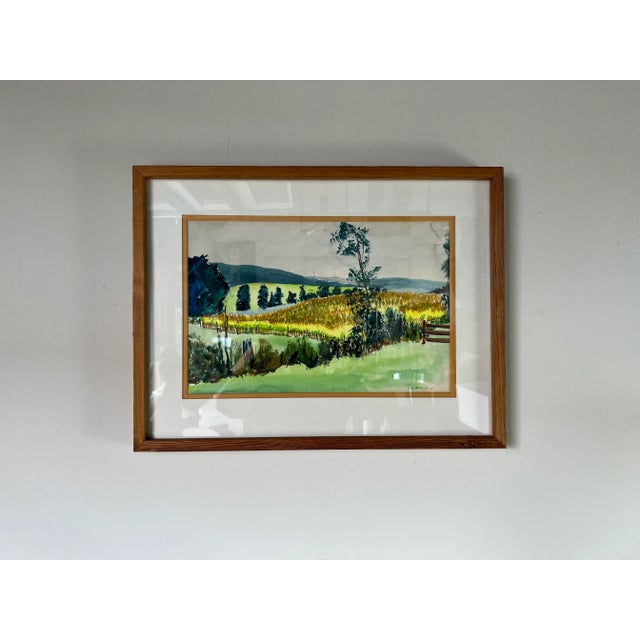 Abstract 70's Vintage Wieden Landscape - Farm Land Watercolor Painting, Framed For Sale - Image 3 of 13