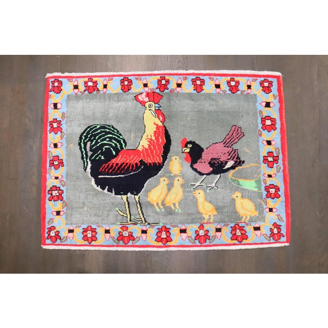 Persian Cotton Persian Pictorial Rooster Bird Rug no. j4659 For Sale - Image 3 of 5
