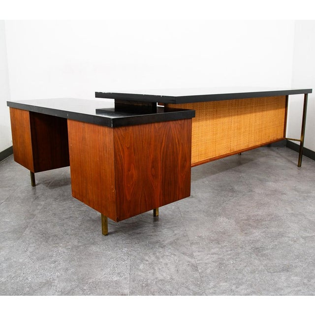 Mid Century Modern Desk Executive L Shaped Cane Walnut Large Black File Drawers For Sale - Image 4 of 12