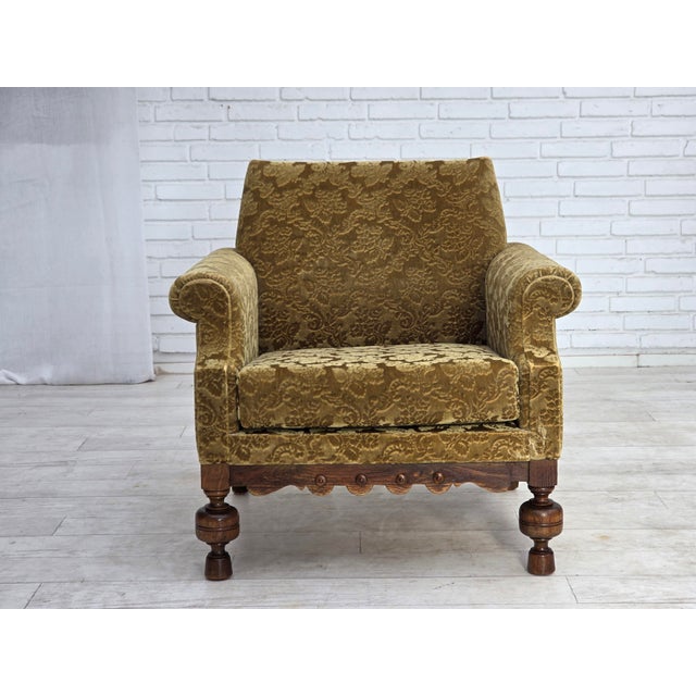 Vintage Danish Carved Oak Lounge Chair with Velour Upholstery, 1960s For Sale - Image 16 of 18