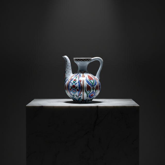 White Handmade Ceramic Ewer Vase (20cm) Traditional Segmented Body Design with Spout & Handle – Turkish Pitcher Art Decor For Sale - Image 8 of 8