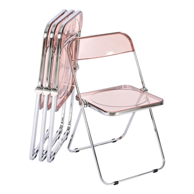 Acrylic Glass Pink and Chrome Plia Chairs by Piretti for Castelli, Italy, 1970s, Set of 4 For Sale