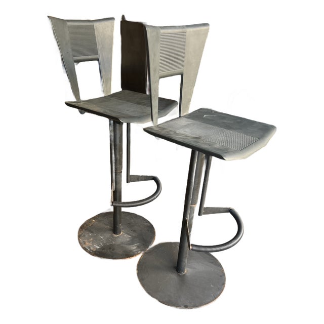 Rare Post-Modern Collectors’ Find: Signed Fly Line Italy Adjustable Bar Stools (Pair) For Sale