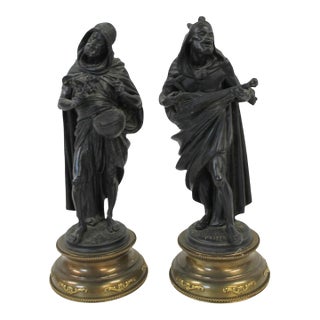 Antique French Figural Musicians, After Peiffer — Spelter Sculptures, Former Lamps (Pair, 23”) For Sale