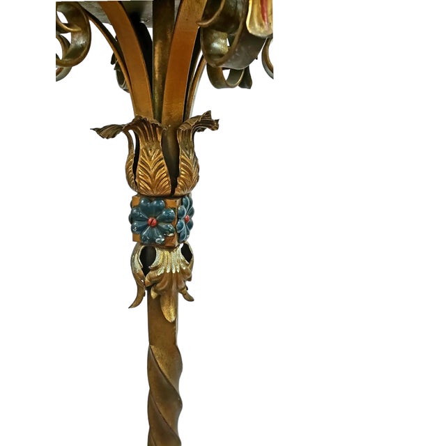 Gold Early 20th Century Venetian Revival Polychrome Iron Torchiere Lanterns Floor Lamps - Pair For Sale - Image 8 of 12