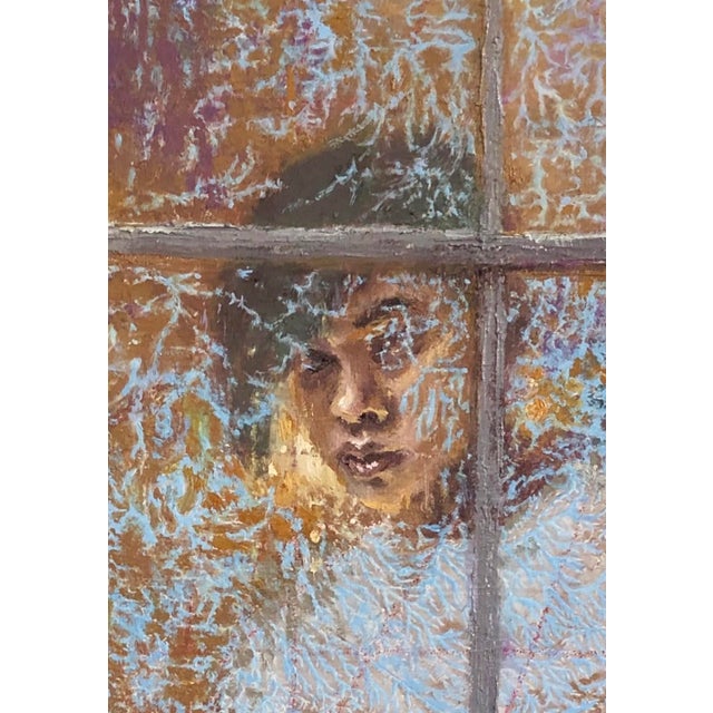 Frozen Lightning by Lisa Fricker | Oil on Board Portrait of a young person behind a frosted window. For Sale - Image 4 of 4