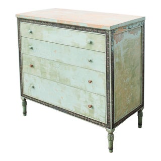 Early 20th Century Antique Green Gustavian Louis XVI Paint Decorated Solid Oak 4 Drawer Chest Commode Dresser Bureau For Sale