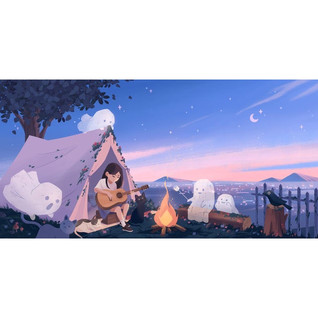 Campfire Ghost Stories by Sang Lam | Digital Printed on Metal girl playing guitar by a campfire with ghosts For Sale