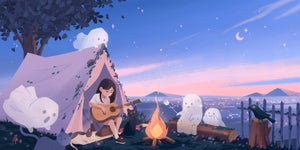Campfire Ghost Stories by Sang Lam | Digital Printed on Metal girl playing guitar by a campfire with ghosts
