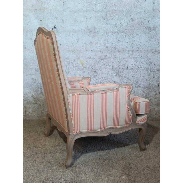 Louis XV Bergère Chair with Cerused Finish in Coral Striped Linen, 1890s For Sale - Image 5 of 6