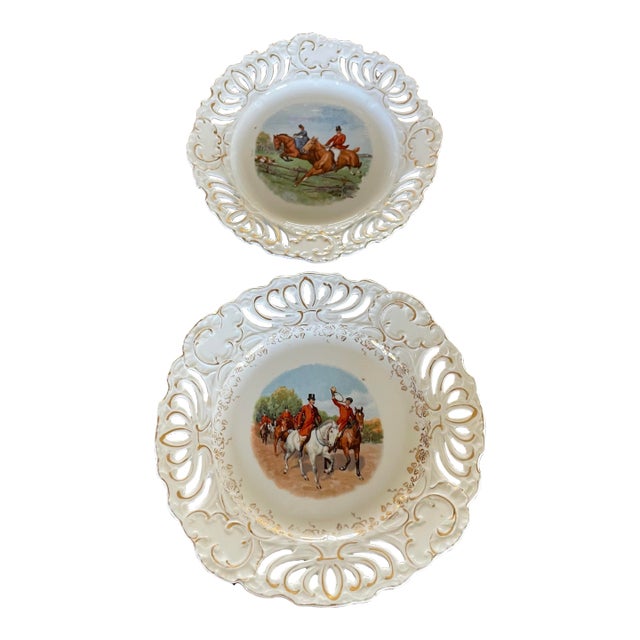 Two Vintage Reticulated Equestrian Fox Hunt Scene Porcelain Plates With Gold Accents English British Collectible Decorative Gesetzlich Geschutzt For Sale