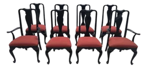 Late 20th Century Set of 8 Ethan Allen Queen Anne Dining Chairs – Black With Red Upholstery
