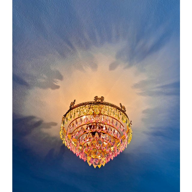 1970s Vintage Brass Butterfly Motif Flush Mount Chandelier With Pink & Green Crystals – 6 Light For Sale - Image 12 of 14
