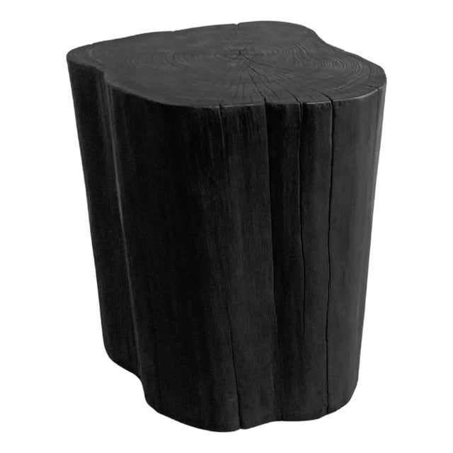 Tree Trunk Side Table Solid Teak Wood Burnt Finish Modern Organic For Sale