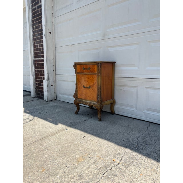 French Provincial Vintage French Provincial Revival Parquetry Bedside Cabinet Nightstand Chest With Carved Details For Sale - Image 3 of 12
