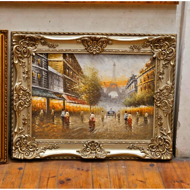 Beautiful wall art on premium cotton fabric, hand-painted featuring a lively Parisian street scene with the Eiffel Tower...